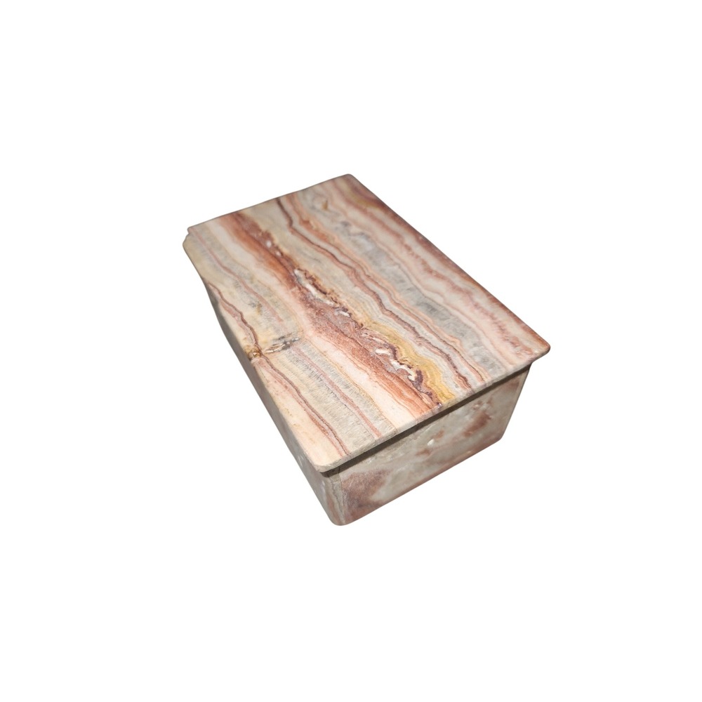 Vintage Banded Onyx Stone Trinket Box Pink Cream Tan Rectangular Jewelry Case